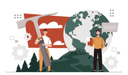 Petrology people concept. Two men with hammer at background of road and globe. Geology and geodesy specialists team. Scientist conduct experiments. Cartoon flat vector illustration