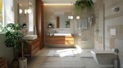 Sticker - A bathroom featuring a bathtub, sink, and mirror. Perfect for showcasing a modern and stylish bathroom design.