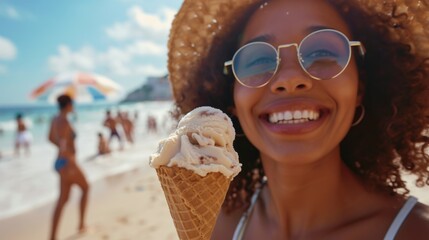 Wall Mural - Woman wearing a straw hat and sunglasses holds an ice cream cone. Perfect for summer-themed designs and advertisements