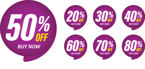 Wall Mural - Different percent discount sticker discount price tag set. Purple round speech bubble shape promote buy now with sell off up to 20, 30, 40, 50, 60, 70, 80 percent vector illustration isolated on white