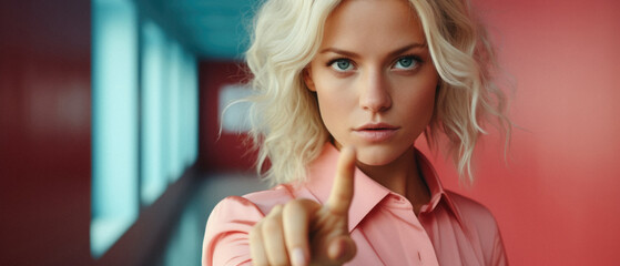 Wall Mural - Young woman pointing finger at camera in office. Blonde businesswoman in pink blouse .