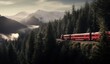 a train traveling through a mountainous area with trees in front of it.