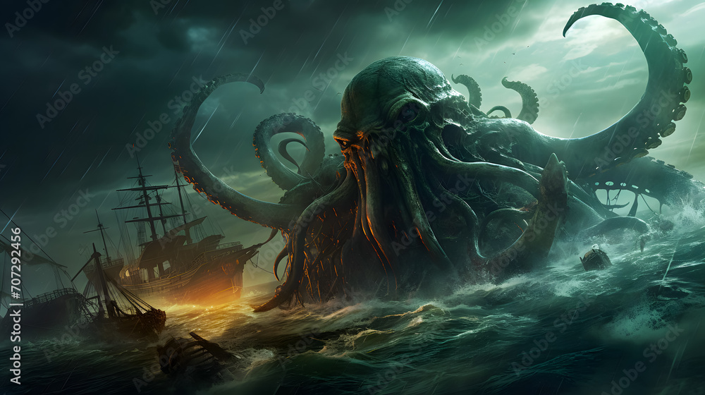 Fantasy scene with kraken of giant octopus and ship in the sea. Horror ...