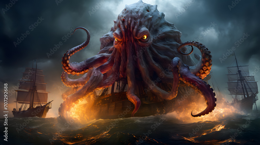Fantasy scene with kraken of giant octopus and ship in the sea. Horror ...