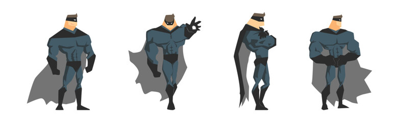 Sticker - Man Superhero Character in Cloak and Mask in Different Pose Vector Set