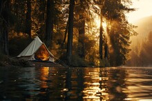 Enchanted Forest Getaway: Discover The Idyllic Charm Of A Lakeside Scene, Featuring A Tent Nestled Among Majestic Redwood Trees, As The Setting Sun Casts A Warm Glow, Creating Reflections That Dance A