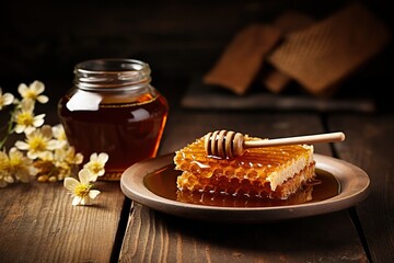 Wall Mural - Honeycomb with honey and honey dipper on wooden background