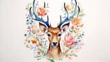 Fototapeta Dziecięca - Watercolor cute deer with antlers and flowers.
