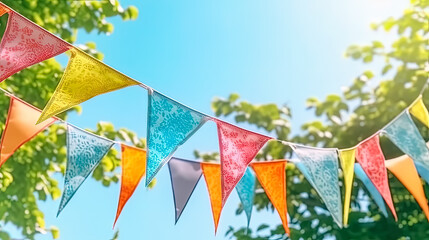 Vibrant pennant strings adorn lush green tree foliage against a clear blue sky