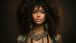 © PixelFusion Creation - Portrait of Elegance: Stunning Curly Hairstyle, Expressive Eyes, and Subtle Makeup in Warm Tones, Sophisticated Style with Floral Accents - AI Generated