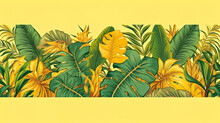 Horizontal Banners Featuring Tropical Leaves On A Sunny Yellow Backdrop.
