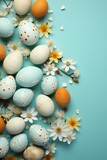 Fototapeta  - Easter background with Easter eggs and spring flowers.