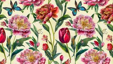 Vintage Floral Pattern With Peonies Tulips Buds Flowers Butterflies Botanical Seamless Wallpaper Hand Drawn Realistic Design For Fabric Paper Packaging Postcards Backgrounds