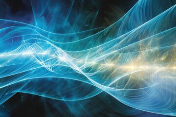 A digital art piece depicting the graceful flow of psychic energy waves in a vibrant spectrum of blue and aqua, abstract blue background