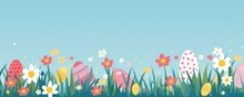 Flat Cartoonish Style Easter Banner With Colorful Eggs, Grass And Flowers, With Empty Copy Space Generative AI