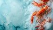 Fresh red lobsters with prominent claws lie amidst a mist of dry ice, evoking a fresh seafood concept, copyspace