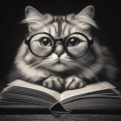 Wall Mural - Cat in the glasses reading a book on black background. ai generative