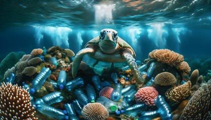 Wall Mural - Sea turtle swimming in ocean full of plastic bottles, marine pollution concept, environment, animals and wildlife background
