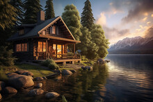 Luxury Chalet On The Lake At Sunset. House By The River At The Foot Of The Mountains