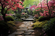 Japanese garden with stone path and blooming pink flowers in spring time