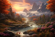 Fantasy landscape with mountains, river and forest. Digital painting.