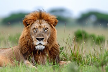 Wall Mural - Big male African lion (Panthera leo) lying in the grass