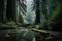 Stream In The Thicket Of A Forest With Centuries-old Coniferous Trees. Peaceful Landscape