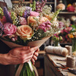 Florist hands close up with a flower shop with a bouquet of flowers. ai generative