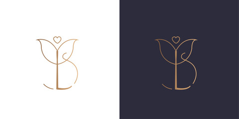 Wall Mural - Letter L and B logo flower and heart monogram, circle, minimal style identity initial logo mark. Golden gradient vector emblem logotype for business cards initials.