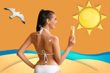 Poster - Pretty young woman with sunscreen cream on drawn sea beach