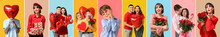 Set Of Different People Celebrating Happy Valentines Day On Color Background