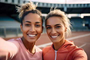 Two happy women in sportswear take a selfie at a stadium track.