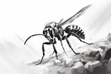Close up of the head of a wasp hornet ready to attack and sting bug with wings and wild insect in monochrome style hand drawn black and white generative ai