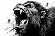 Close up of the head of a monkey ape angry ferocious and mean ready to attack roar angry black and white illustrated hand drawn wild animal in monochrome style ai, generative, generative ai