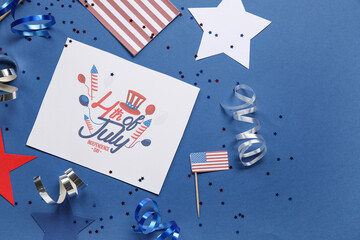 Wall Mural - Greeting card for Independence Day, stars and USA flags on blue background