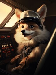 Poster - A dog wearing a pilot's hat sitting in the cockpit of a plane. Generative AI.