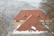 Dachy pokryte czerwoną dachówką na tle ośnieżonego lasu. Zima, mróz i śnieg.