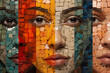 Collage of beautiful female faces made of colorful mosaic blocks. Art mosaic concept
