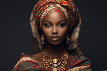 Portrait of a beautiful African woman in headscarf on dark background