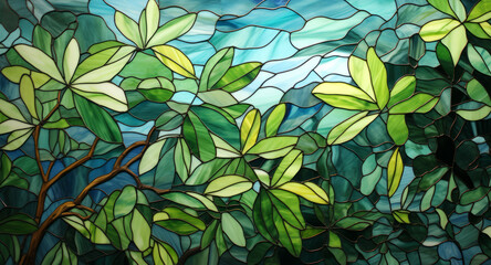 Wall Mural - Stained glass window background with colorful green leaf abstract.