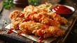 Delicious crispy fried breaded chicken nuggets strips .