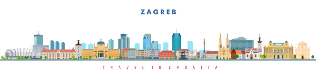 Wall Mural - Zagreb city landmarks vector illustration in white background, Croatia	
