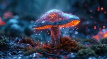  A Close Up Of A Mushroom On A Mossy Ground With Fire Coming Out Of The Top Of The Mushroom And On The Bottom Of The Mushroom Is A Glowing Red Light.