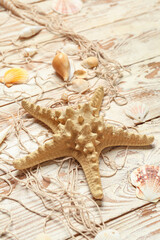 Wall Mural - Beautiful starfish with seashells and net on light wooden background