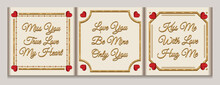 Vintage Square Gold Frames With Red Hearts, Golden Rails, Chains, Copy Space, Chamfered Corners On White Background For Valentines Day. Short Holiday Phrases. Template For Print, Posts.