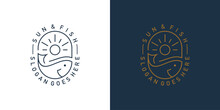 Creative Sun And Fish Logo. Sun Wave, Ocean, Hawaii, Sea Fish With Linear Outline Style. Hawaiian Logo Icon Symbol Vector Design Template.