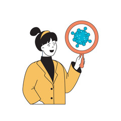 Aufkleber - Coronavirus concept with cartoon people in flat design for web. Woman with magnifier researching covid bacteria and finding vaccine. Vector illustration for social media banner, marketing material.