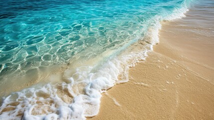 Poster -  a sandy beach next to the ocean with a wave coming towards the shore and a boat in the water at the end of the shore line of the shore line.