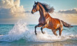 horse gallops along the shore with a splash of waves in the morning light