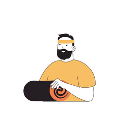 Aufkleber - Fitness concept with cartoon people in flat design for web. Man with mat doing yoga training and stretching practice for flexibility. Vector illustration for social media banner, marketing material.